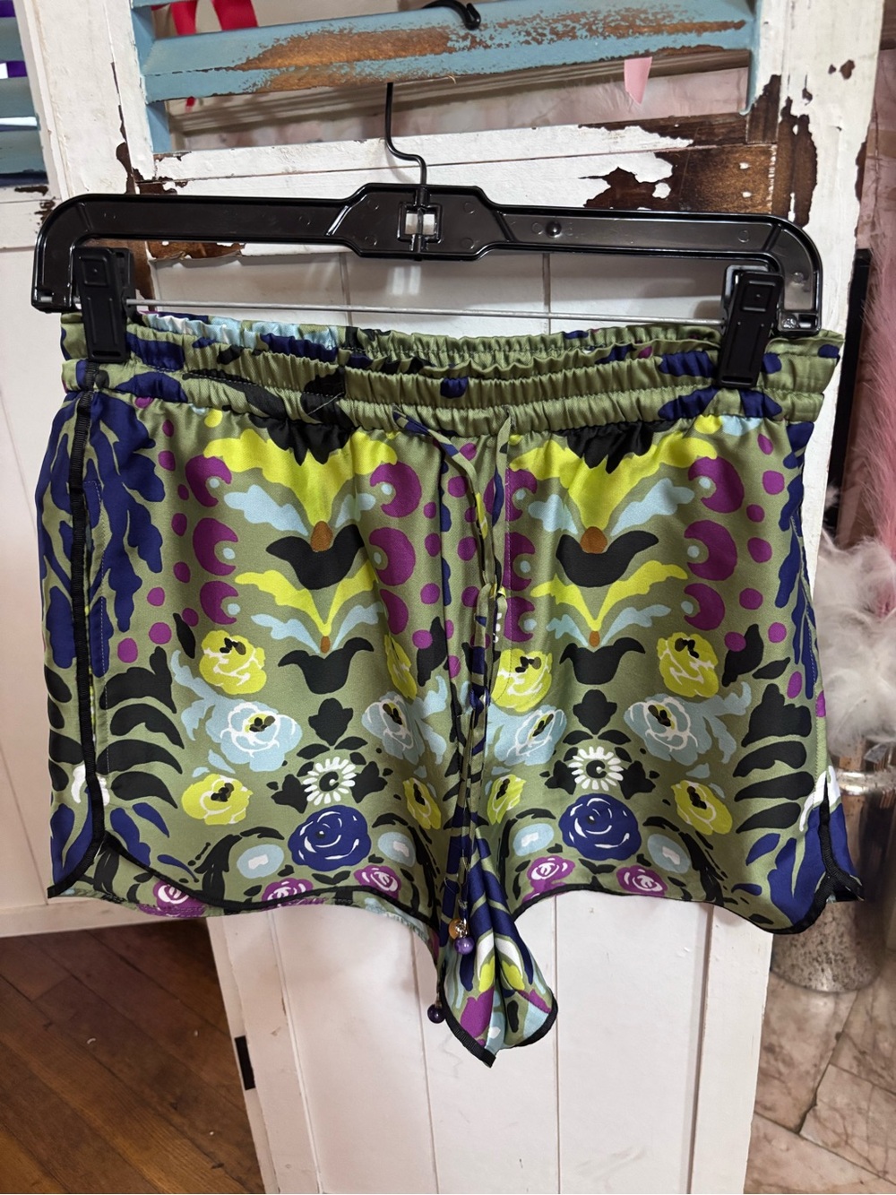 ZARA Floral Flowy Print Satin Women’s Shorts - Olive Green